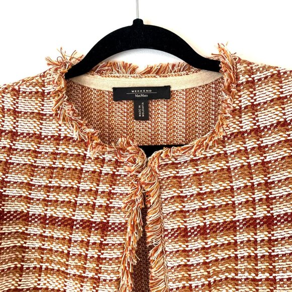 Weekend MaxMara Tilly Tweed Open Front Blazer Fringe Trim Flax Linen Plaid S - Picture 4 of 9